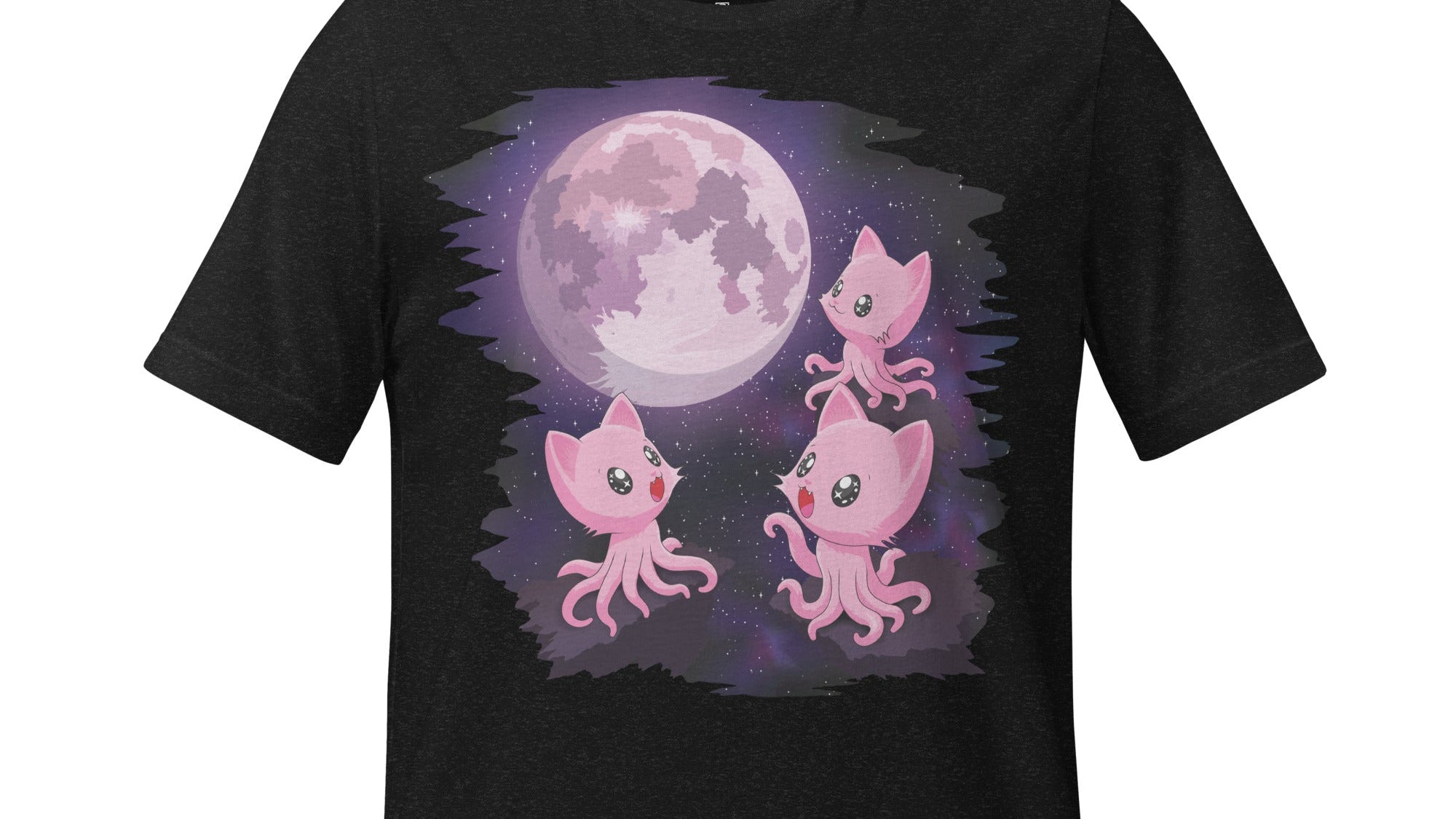 A black short-sleeve crewneck t-shirt featuring a graphic print of three cute pink octopus-like creatures under a large purple full moon.